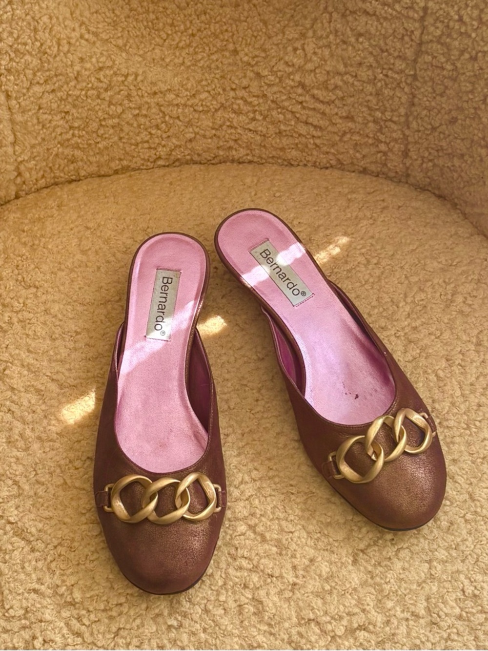 Bernardo Brown Leather Mule Flats with Gold Chain and Pink Insole